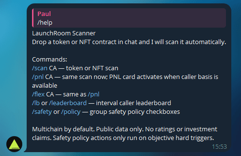 LaunchRoom Scanner help command example in Telegram