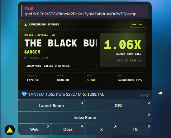 LaunchRoom Scanner PNL card example in Telegram