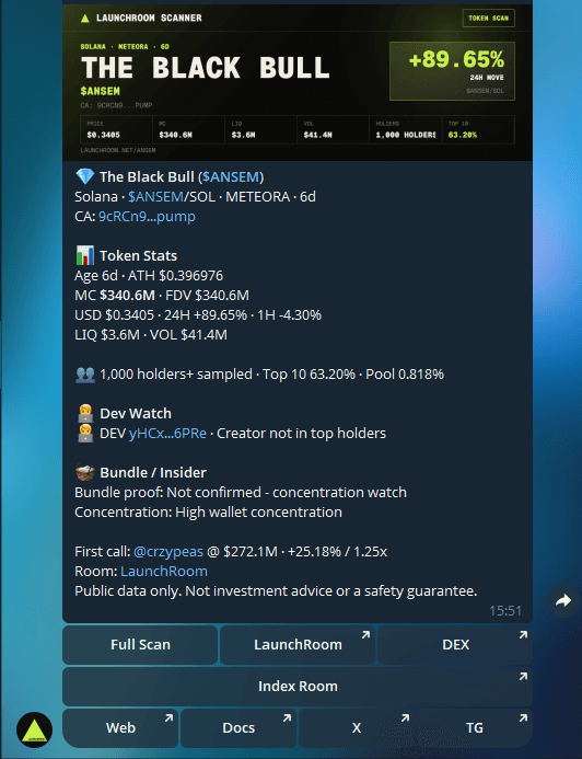 LaunchRoom Scanner token scan example in Telegram